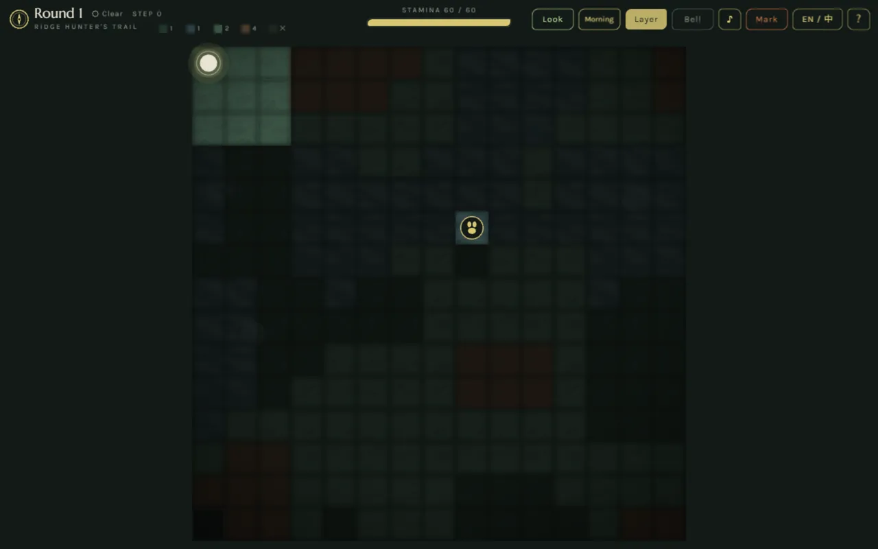 Ridge Hunter's Trail Round 1: a fog-covered terrain grid with the researcher, a footprint clue, a stamina bar and Look, Layer, Bell and Mark buttons