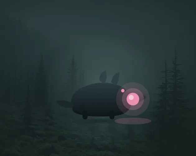 Ridge Hunter's Trail cover: a dark creature silhouette with a glowing pink eye in a foggy pine forest