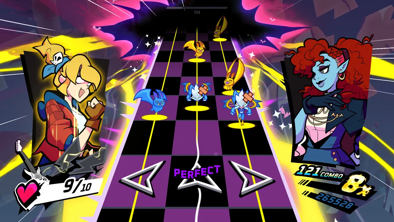 Rift of the NecroDancer: monsters coming down three lanes on a purple checkerboard, with Cadence on the left and a combo counter on the right