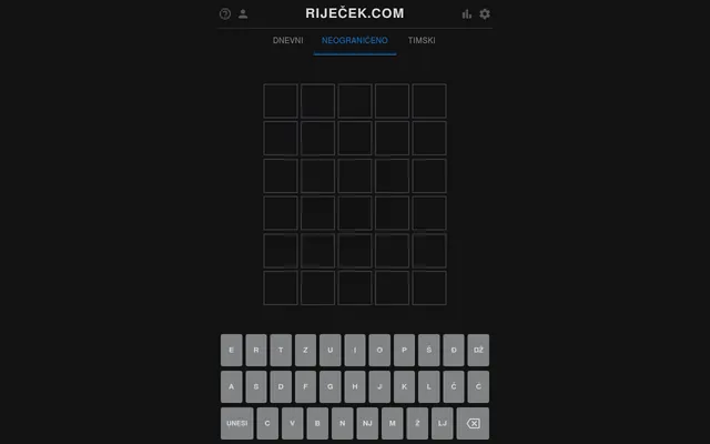 Riječek board: six empty rows of five tiles under the Dnevni (daily), Neograničeno (unlimited) and Timski (team) tabs, above a Croatian keyboard with Š, Đ, DŽ, Č, Ć, NJ, Ž and LJ keys
