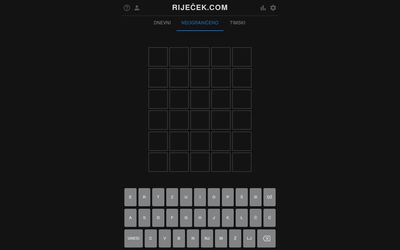 Riječek board: six empty rows of five tiles under the Dnevni (daily), Neograničeno (unlimited) and Timski (team) tabs, above a Croatian keyboard with Š, Đ, DŽ, Č, Ć, NJ, Ž and LJ keys