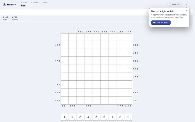 Rim on Mind Loft for October 7, 2026: an empty 9x9 sudoku grid with digit triples such as 467, 146 and 379 printed outside its row and column ends, 0 of 81 filled, and a 1 to 9 number pad below