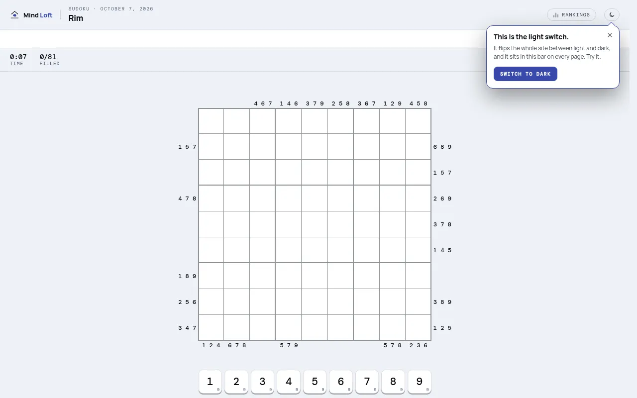 Rim on Mind Loft for October 7, 2026: an empty 9x9 sudoku grid with digit triples such as 467, 146 and 379 printed outside its row and column ends, 0 of 81 filled, and a 1 to 9 number pad below