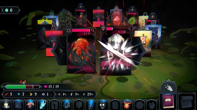 Ring of Pain screenshot of a ring of creature and item cards around the player