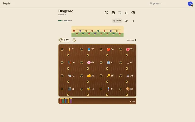 The Ringcord board, Daily #3 at Medium: a row of village houses, a 1:27 shift clock, 0 points, a wooden switchboard of 16 lines with icons and numbers, and 5 free cords