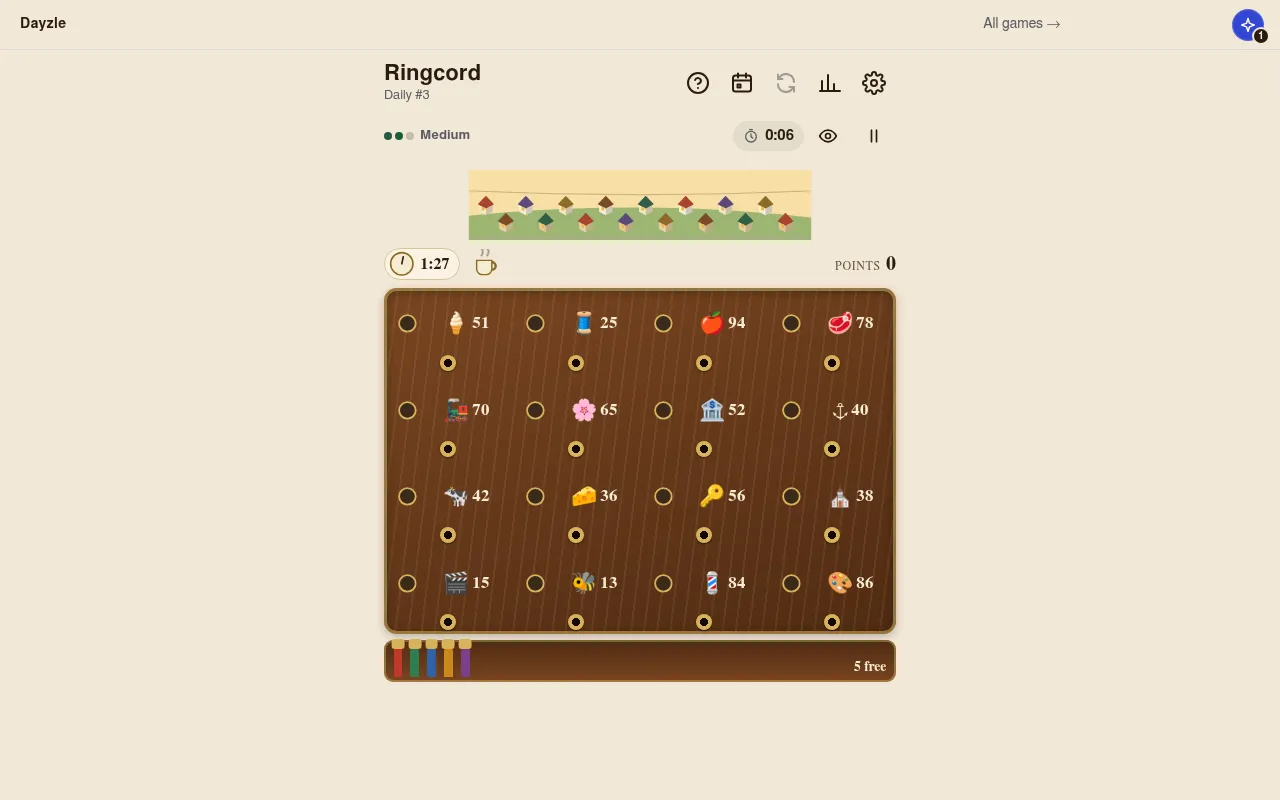 The Ringcord board, Daily #3 at Medium: a row of village houses, a 1:27 shift clock, 0 points, a wooden switchboard of 16 lines with icons and numbers, and 5 free cords
