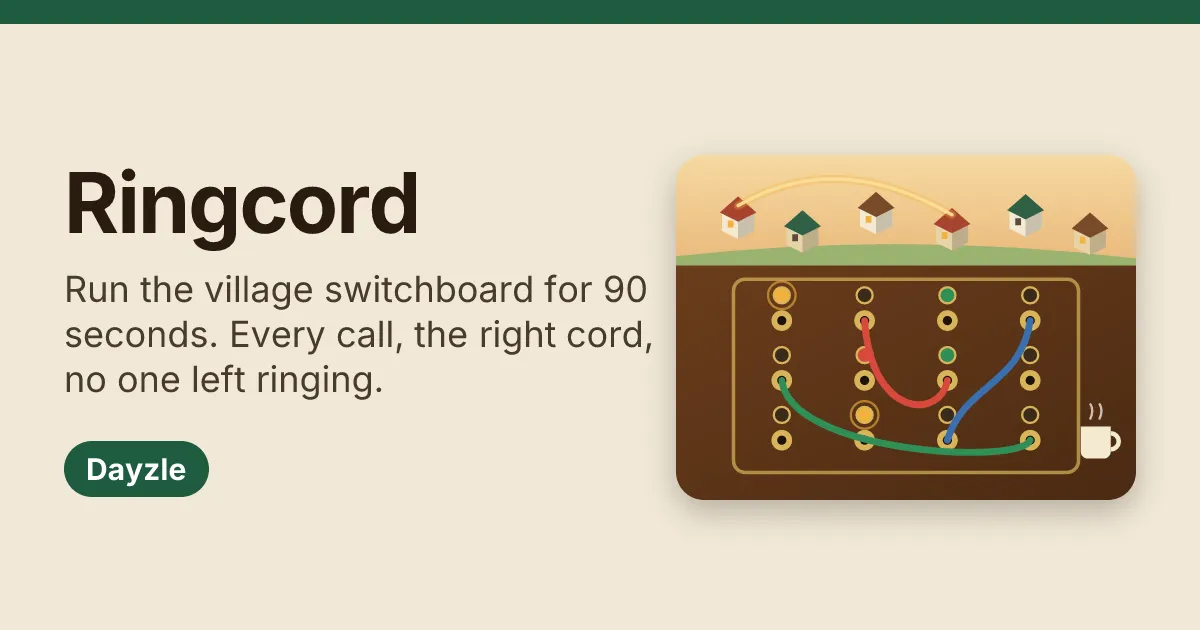 Ringcord's own card: the name, the rule 'Run the village switchboard for 90 seconds. Every call, the right cord, no one left ringing.' and a switchboard with red, green and blue cords