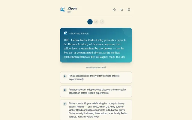 Ripple #297 on a desktop: the starting event, Carlos Finlay's 1881 yellow fever paper, above the question What happened next? and its answer options