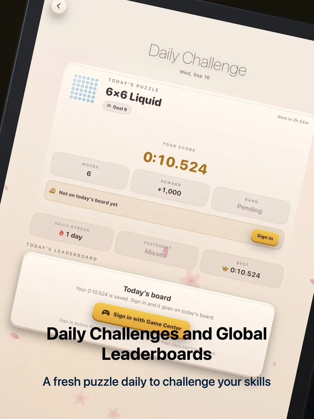 Ripples Daily Challenge on iPad for Wed, Sep 16: today's 6x6 Liquid puzzle, goal 6, solved in 6 moves in 0:10.524, with daily streak and today's leaderboard