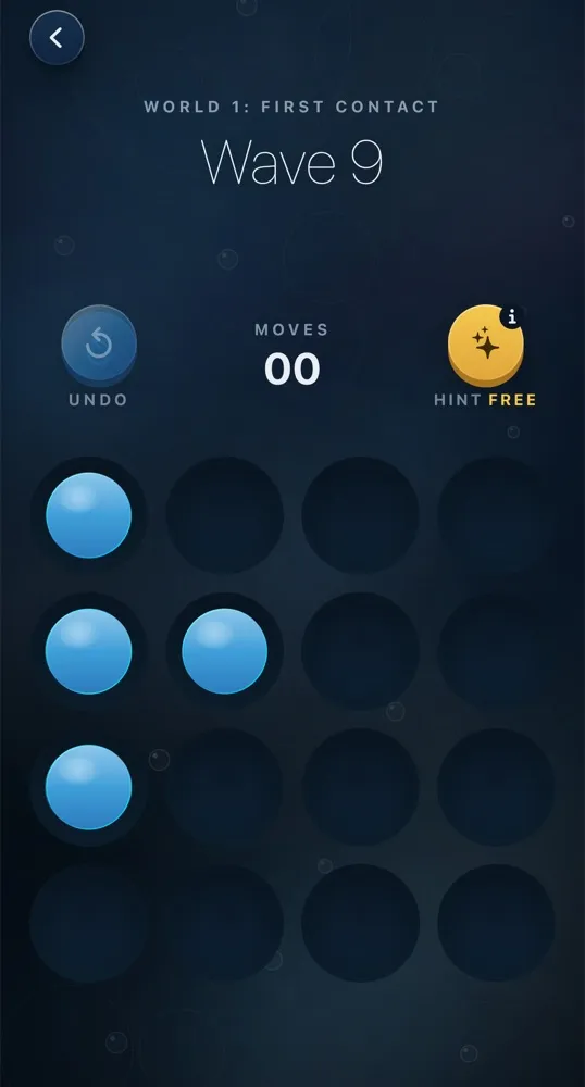 Ripples on iPhone: World 1 Wave 9, a 4x4 board of round pools with four blue wet pools at the left, a moves counter at 00, Undo and a free Hint button
