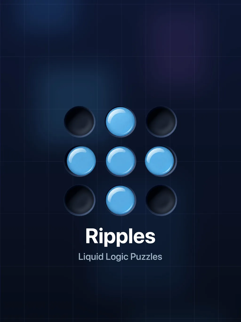 Ripples store art: a 3x3 board with five blue wet pools in a cross, the pattern one tap makes, above the words Ripples, Liquid Logic Puzzles