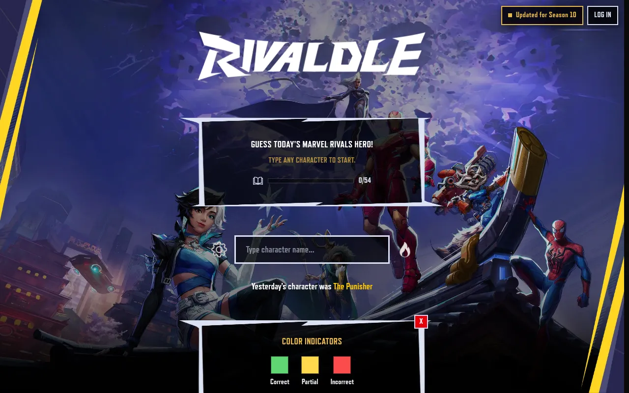 Rivaldle's Classic mode: the Rivaldle logo over Marvel Rivals art, Guess today's Marvel Rivals hero, a character name box and colour indicators