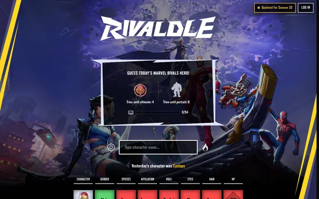 Rivaldle's Classic board on desktop: today's guess box with ability and portrait clue counters, yesterday's hero Cyclops, and a first guess row of coloured attribute tiles