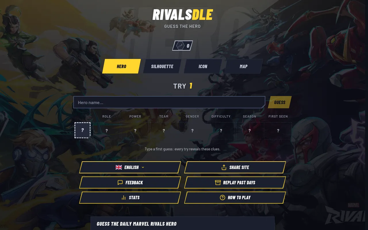 RIVALSDLE's Hero mode before the first guess: a hero name box and empty clue cells for role, power, team, gender, difficulty, season and first seen