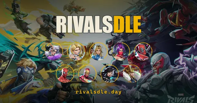 RIVALSDLE share art: the game's name over Marvel Rivals artwork, with round portraits of nine heroes and rivalsdle.day below
