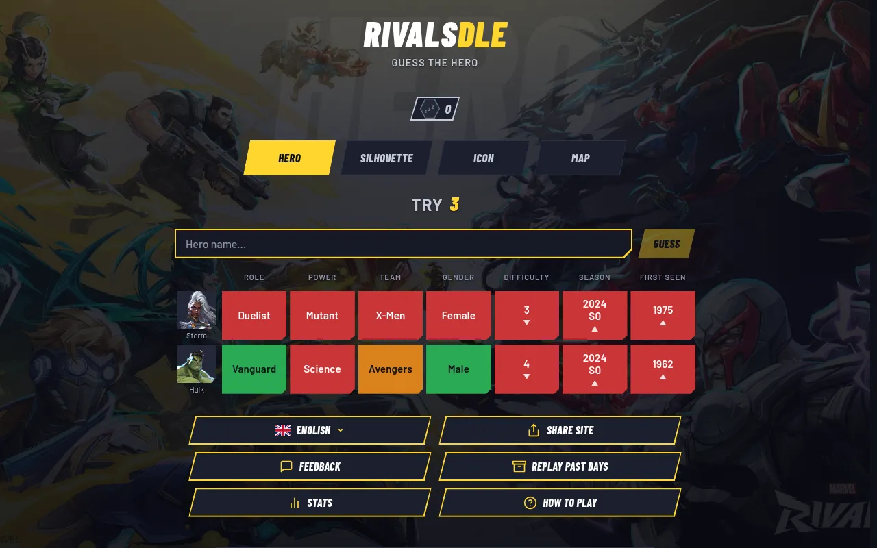 RIVALSDLE Hero mode after two guesses, Storm and Hulk: rows of role, power, team, gender, difficulty, season and first-seen cells in green, orange and red with arrows