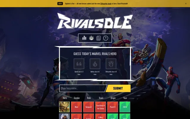 Rivalsdle Classic on desktop on 26 October 2026: guesses Groot and Storm marked red or green for gender, role, team, origin and year, with quote, ability and silhouette hints locked