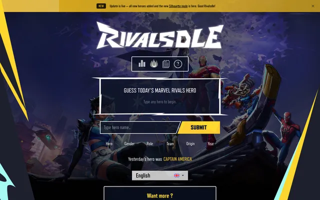 Rivalsdle Classic mode: Guess today's Marvel Rivals hero box with a hero name field, Submit button and the clue columns Hero, Gender, Role, Team, Origin and Year, over Marvel Rivals hero art; yesterda