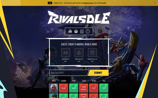 Rivalsdle Classic on desktop: two guesses, Storm and Iron Fist, marked green or red for gender, role, team, origin and year, with quote, ability and silhouette hints waiting