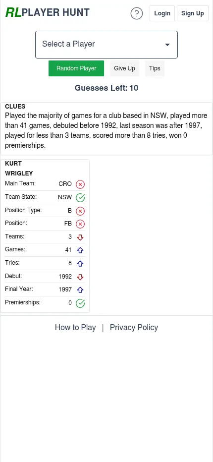 RL Player Hunt Hard hunt on a phone, 26 October 2026: seed player Kurt Wrigley's card with team, position, games, tries, debut and premiership clues, ten guesses left