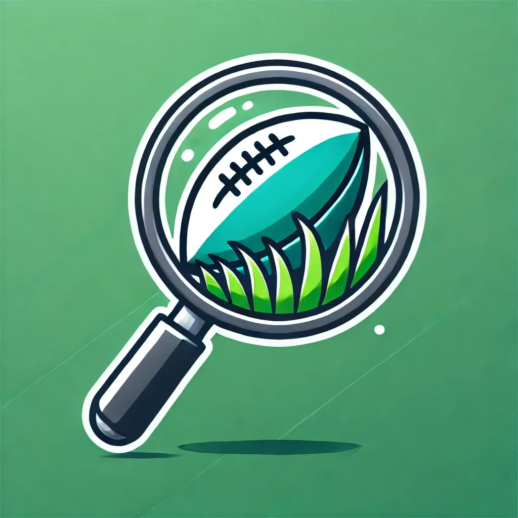 RL Player Hunt's own logo: a magnifying glass over a rugby league ball in green grass