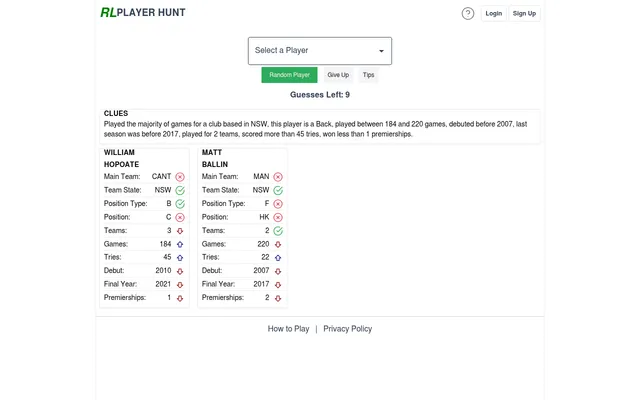 RL Player Hunt Easy hunt of 26 October 2026 after one guess: William Hopoate and seed player Matt Ballin cards with ticks, crosses and arrows, and the clue line above, nine guesses left