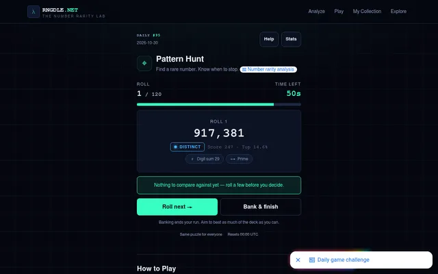 RNGdle Daily #95 Pattern Hunt in play: roll 1 of 120 shows 917,381 tagged Distinct with score 247, top 14.6 percent, a 50 second timer and Roll next and Bank buttons