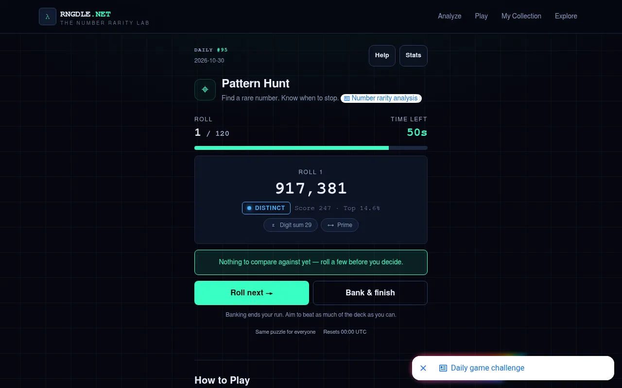 RNGdle Daily #95 Pattern Hunt in play: roll 1 of 120 shows 917,381 tagged Distinct with score 247, top 14.6 percent, a 50 second timer and Roll next and Bank buttons