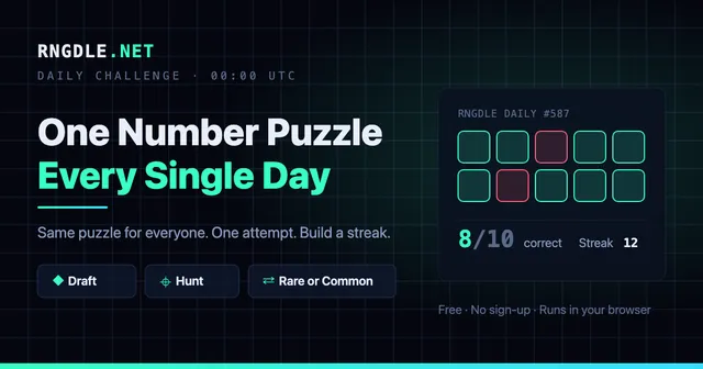 RNGdle daily share art: One Number Puzzle Every Single Day, the three modes Draft, Hunt and Rare or Common, and a sample result card for Daily #587 with 8 of 10 correct
