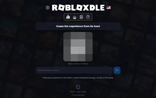 Robloxdle Icon mode: today's experience icon pixelated to a four by four grid, above the box for typing a guess
