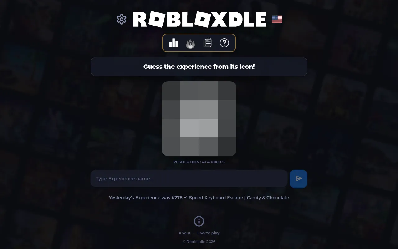 Robloxdle Icon mode: today's experience icon pixelated to a four by four grid, above the box for typing a guess