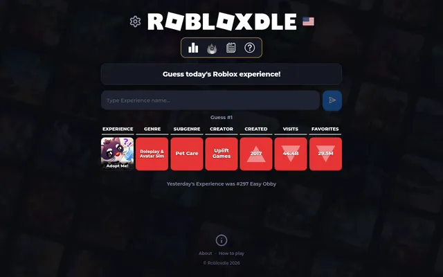 Robloxdle Classic mode on 25 October 2026: a guess of Adopt Me! compared with the answer in genre, subgenre, creator, created, visits and favorites columns, with higher and lower arrows