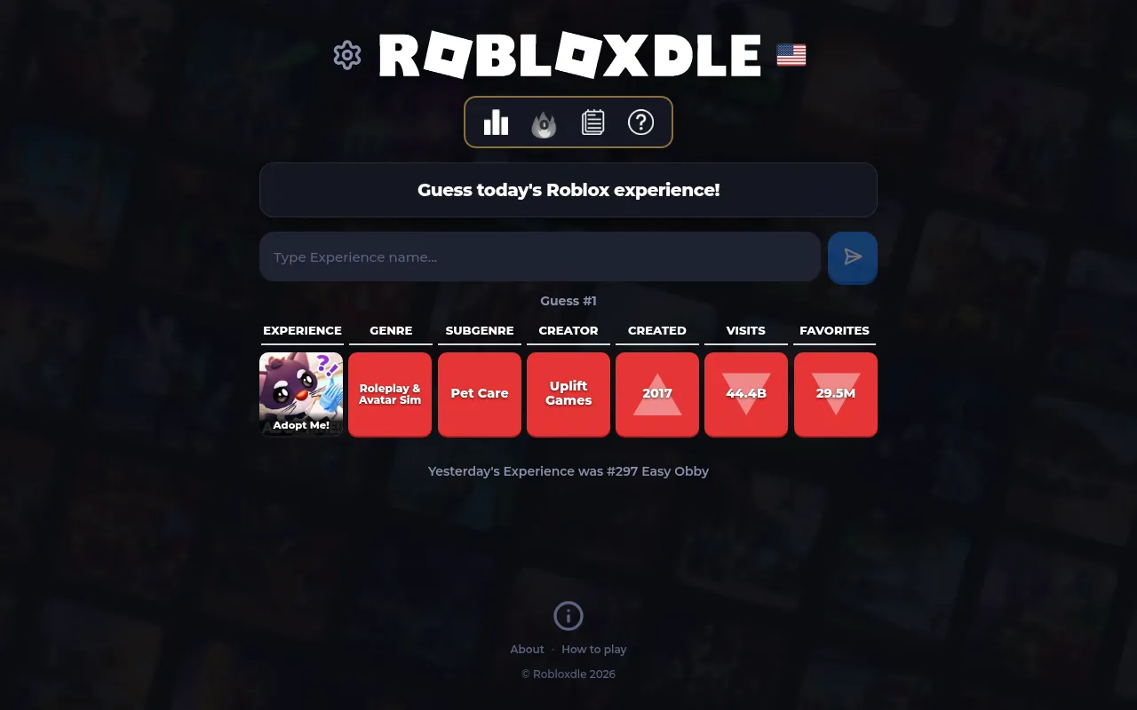 Robloxdle Classic mode on 25 October 2026: a guess of Adopt Me! compared with the answer in genre, subgenre, creator, created, visits and favorites columns, with higher and lower arrows