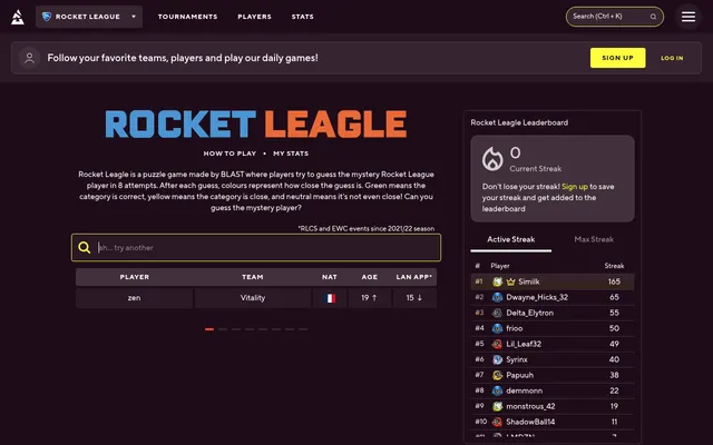 Today's Rocket Leagle board after a first guess, zen: team, nationality, age and LAN appearances with higher or lower arrows, beside the streak leaderboard
