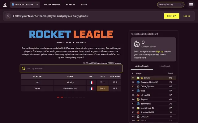 Today's Rocket Leagle board after two guesses, zen and Vatira: player, team, nationality, age and LAN appearance columns with higher or lower arrows, beside the streak leaderboard