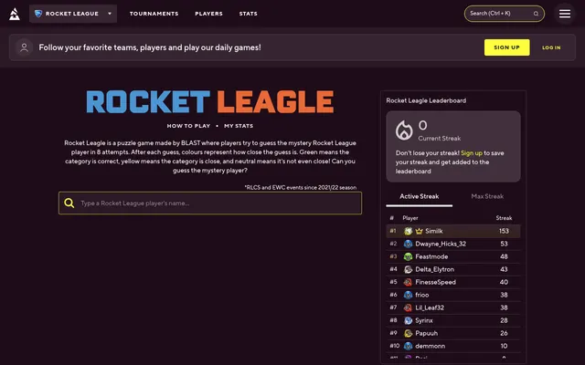 Rocket Leagle on BLAST.tv: the Rocket Leagle title, its rules, a player search box and the streak leaderboard beside it