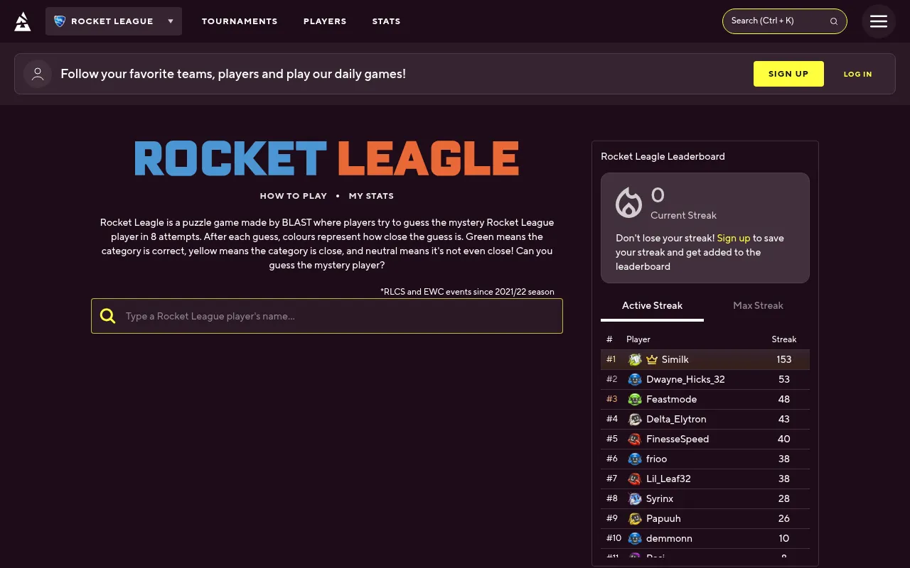 Rocket Leagle on BLAST.tv: the Rocket Leagle title, its rules, a player search box and the streak leaderboard beside it