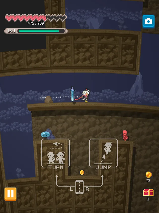 RogueRun gameplay: the white-haired hero with a glowing sword on a ledge inside the pixel-art tower, with turn and jump controls