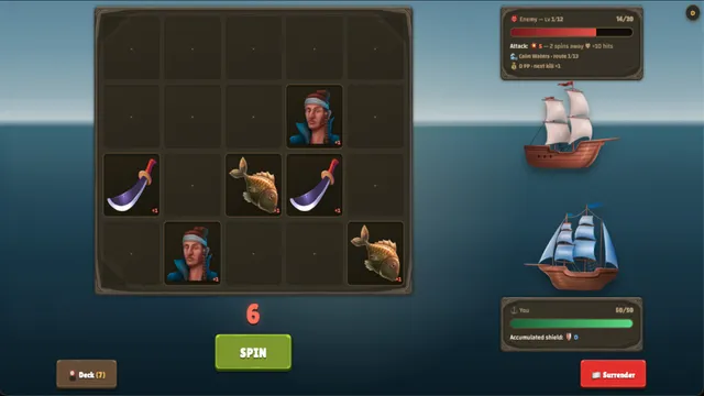 Roguewake: a 5x4 wooden board with crew, cutlass and fish symbols, a Spin button, and two sailing ships with health bars on the right