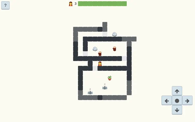 A Rogule daily dungeon in play: the emoji hero in a corridor between grey stone rooms holding two bats, rocks, logs and a potted plant, a green health bar at the top and arrow buttons for moving