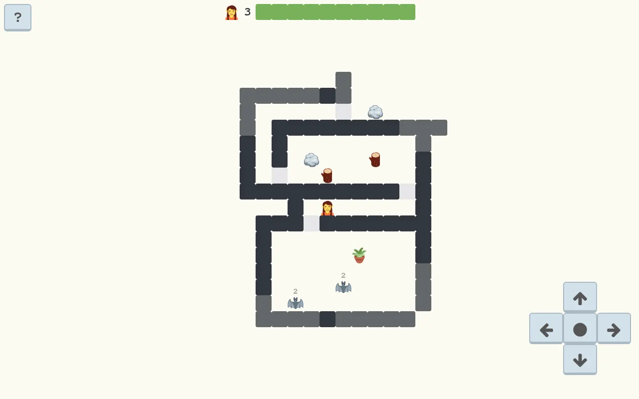 A Rogule daily dungeon in play: the emoji hero in a corridor between grey stone rooms holding two bats, rocks, logs and a potted plant, a green health bar at the top and arrow buttons for moving