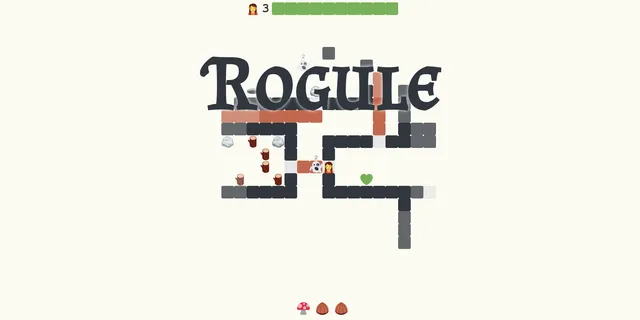The Rogule title screen over a dungeon of emoji monsters, trees and paths