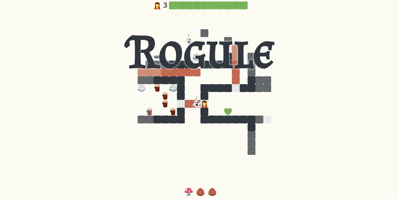 The Rogule title screen over a dungeon of emoji monsters, trees and paths