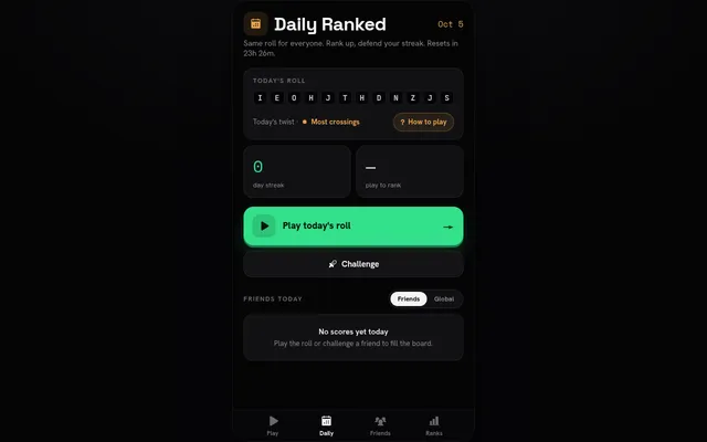 Roll Solver's Daily Ranked page for Oct 5: today's roll of 12 letter tiles, the day's twist Most crossings, a streak counter and the Play today's roll button