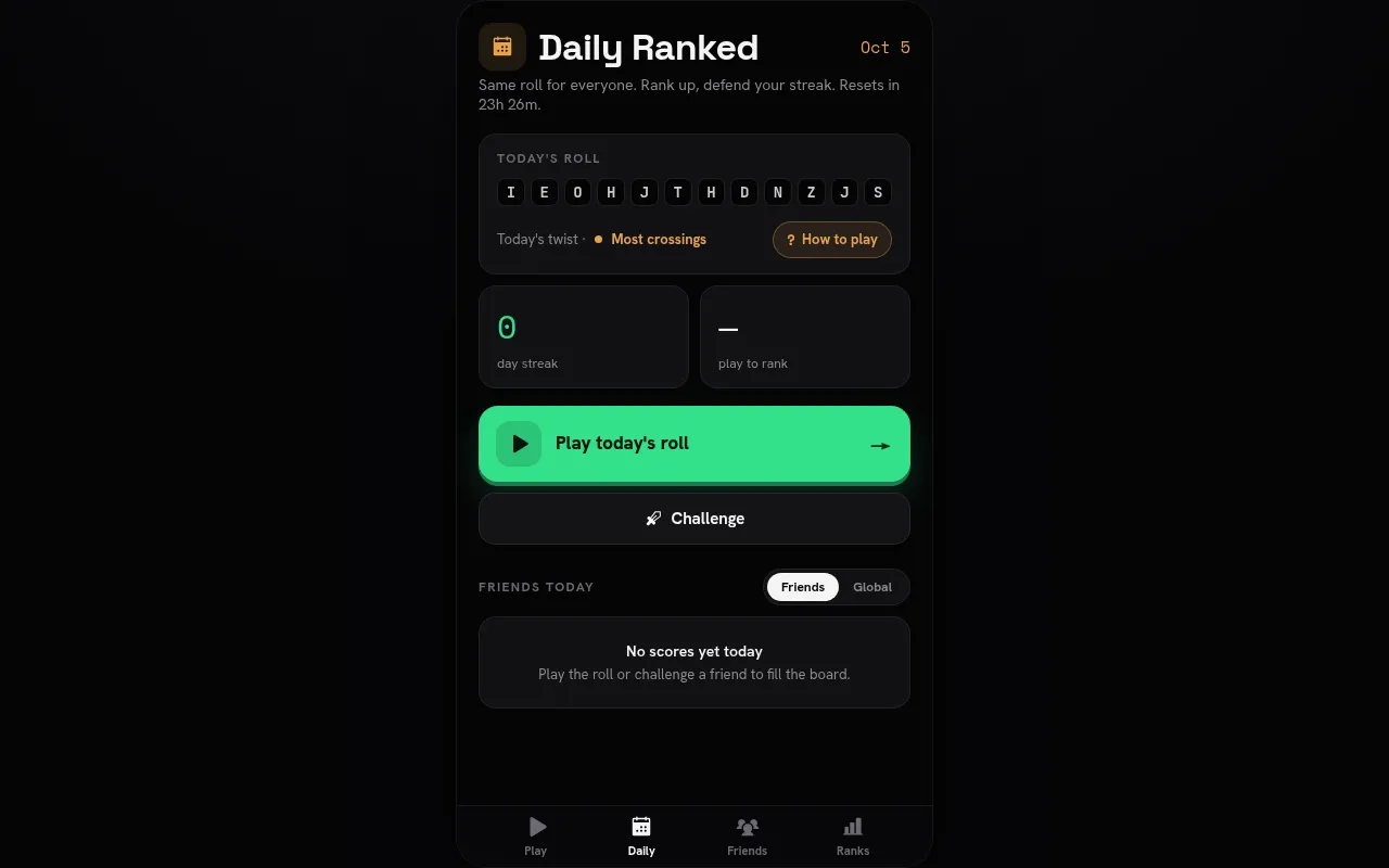 Roll Solver's Daily Ranked page for Oct 5: today's roll of 12 letter tiles, the day's twist Most crossings, a streak counter and the Play today's roll button