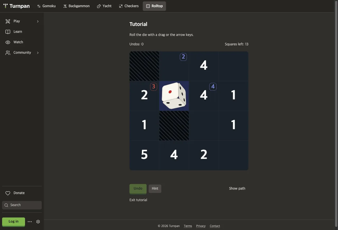 Rolltop tutorial board: a 4x4 grid with two wall squares, numbered squares and a die showing its faces, with Undo, Hint and Show path buttons