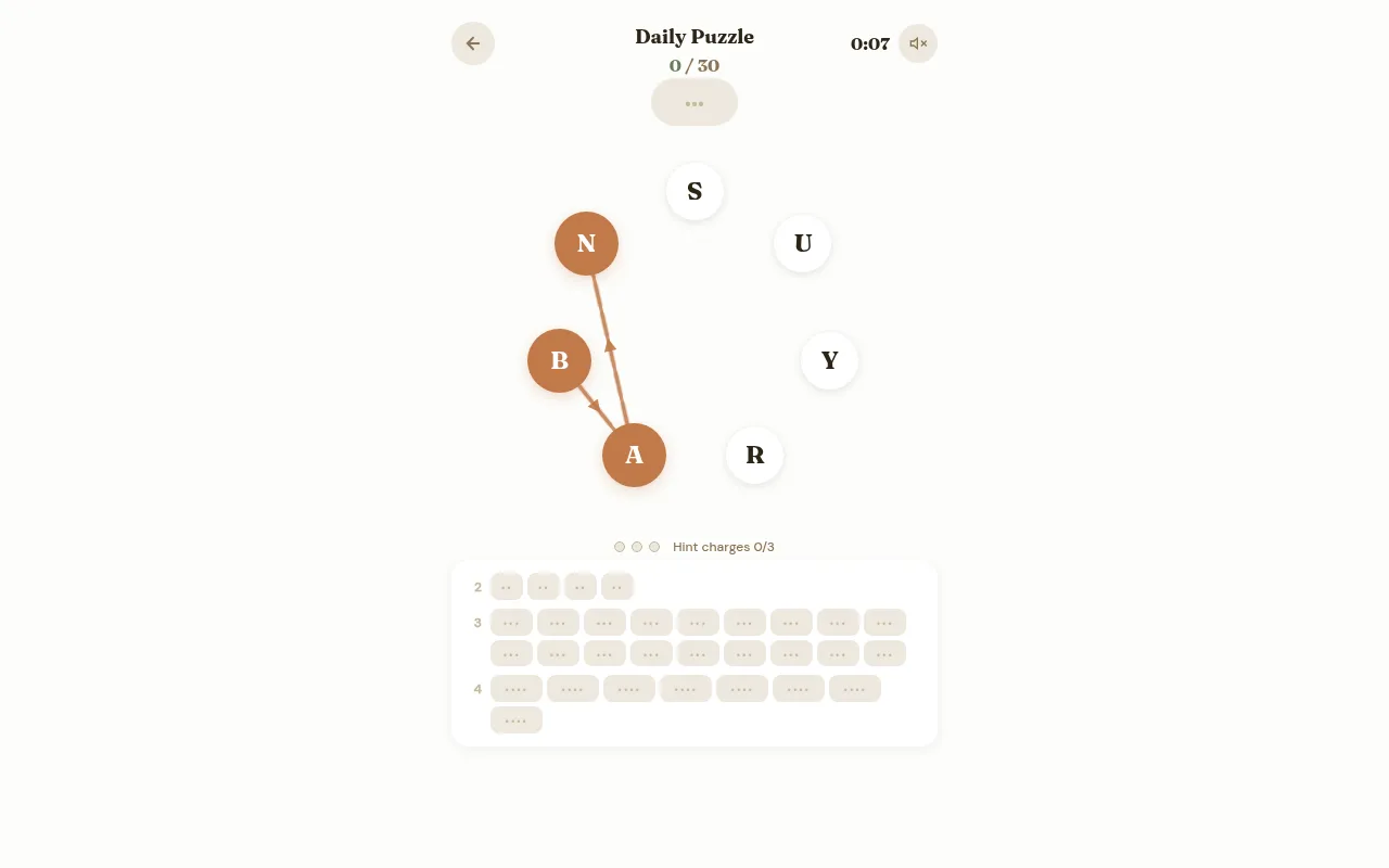 Rondo Daily Puzzle after a hint: a line traced from B through A to N on the letter ring, with hint charges shown below