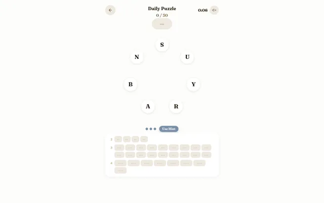 Rondo Daily Puzzle: the letters S, U, Y, R, A, B and N in a ring, 0 of 30 words found, with empty slots for two, three and four letter words
