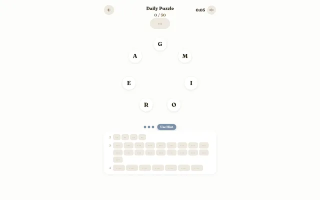 Rondo Daily Puzzle for 21 October 2026: the letters G, M, I, O, R, E and A in a ring, 0 of 30 words found, with empty slots for two, three and four letter words