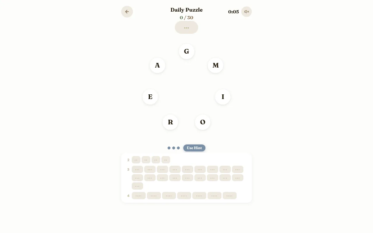 Rondo Daily Puzzle for 21 October 2026: the letters G, M, I, O, R, E and A in a ring, 0 of 30 words found, with empty slots for two, three and four letter words